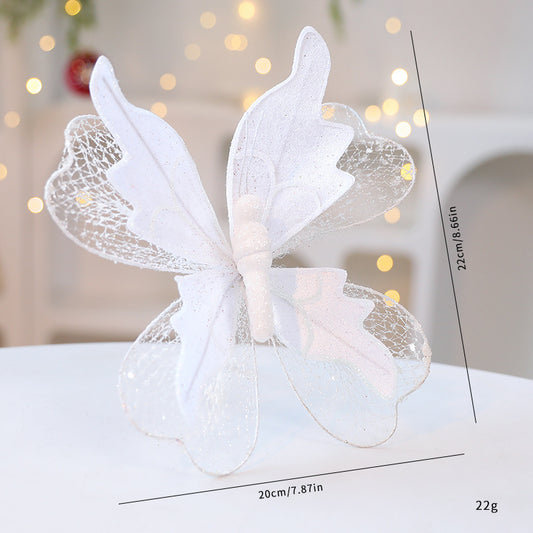 White Large Glitter Butterfly Christmas Ornaments (Set of 2) - Clip-On Decorations for Trees & Wreaths