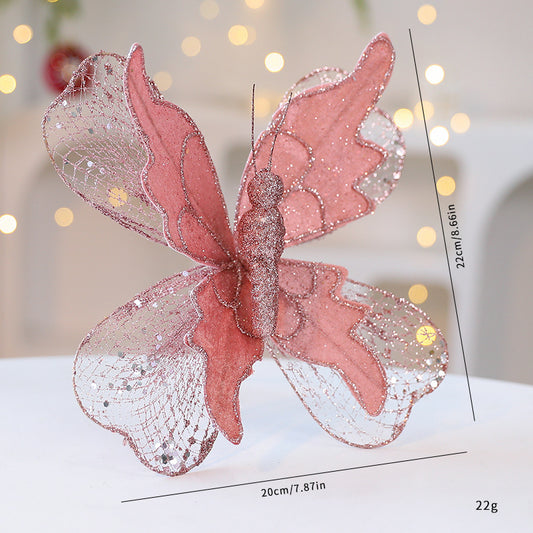 Rose Gold Large Glitter Butterfly Christmas Ornaments (Set of 2) - Clip-On Decorations for Trees & Wreaths