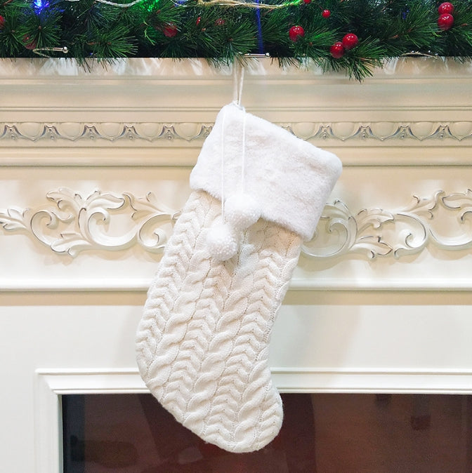 White Large Cable Knit Christmas Stocking - Classic 43cm Holiday Decor for Fireplace Hanging