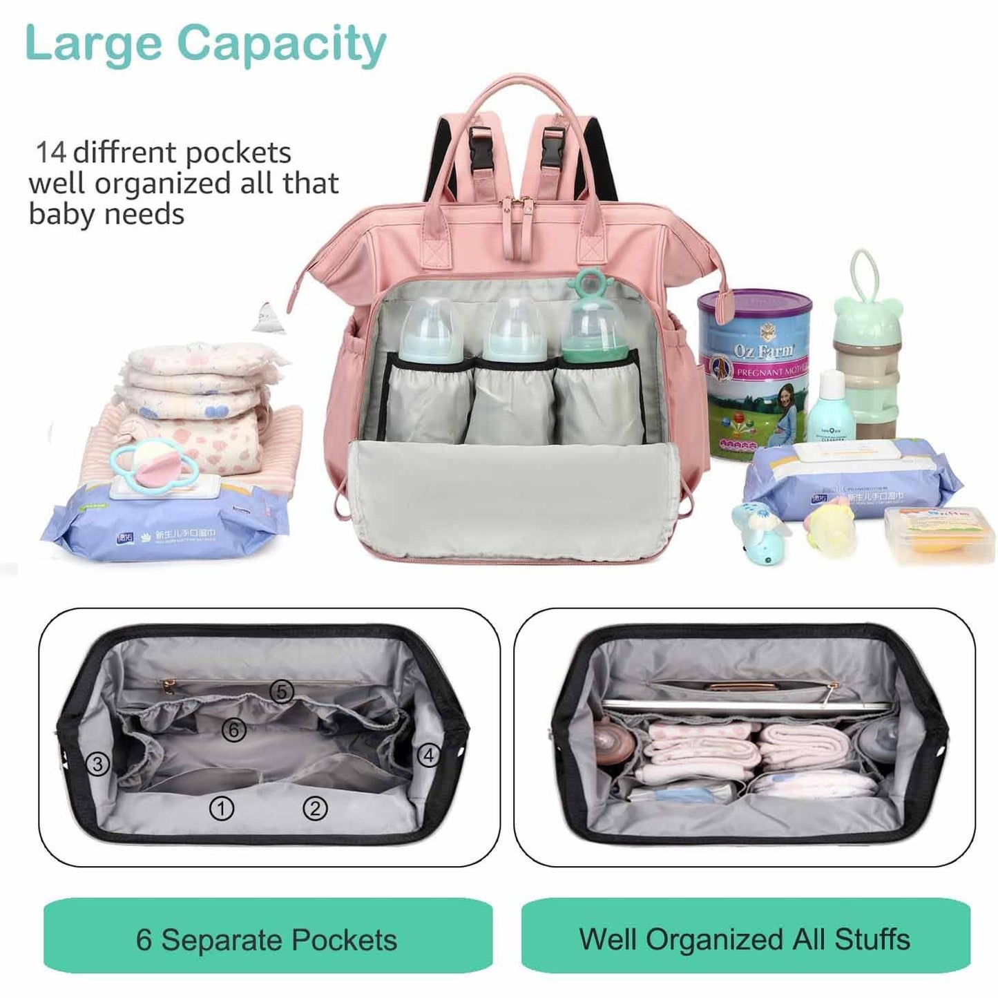 Beige Large Capacity Waterproof Baby Diaper Bag with Anti-Theft Pocket - Mommy Bag for Children's Folding Stroller Storage