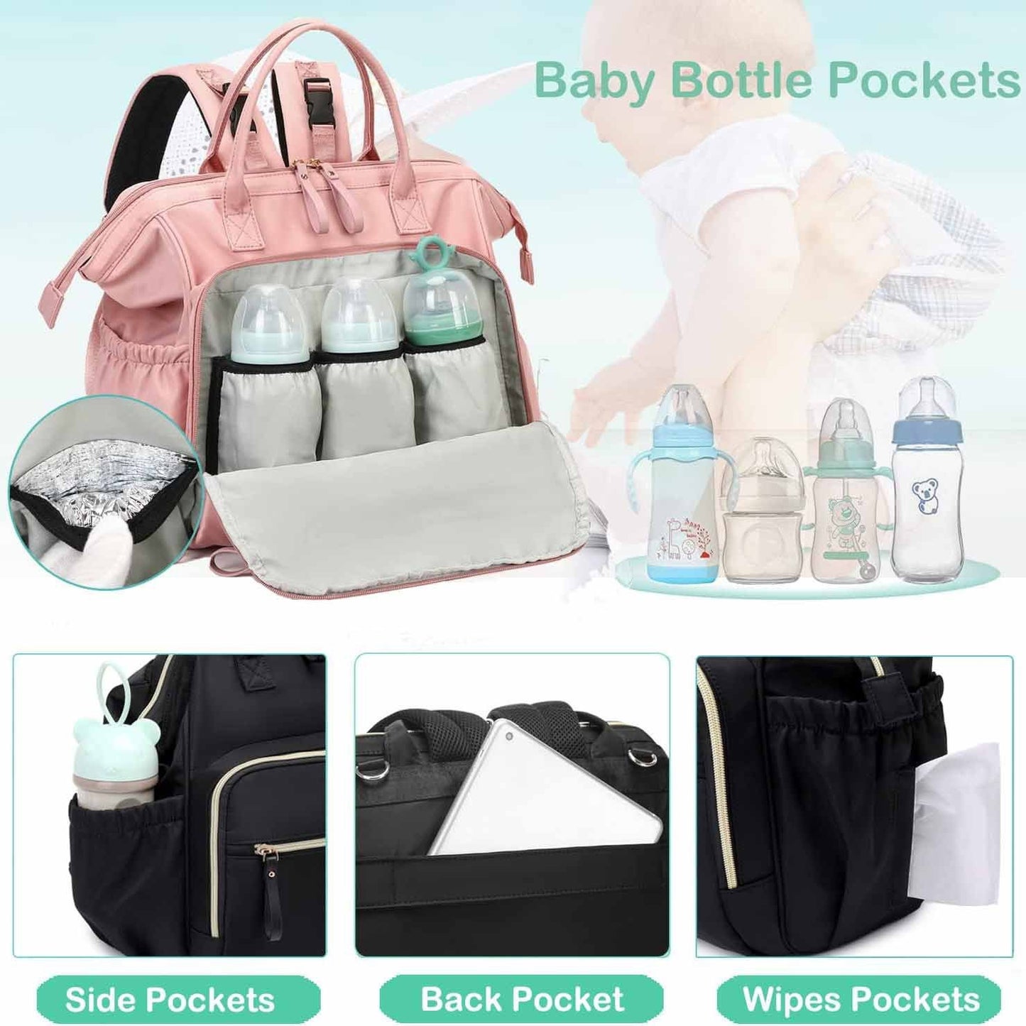 Grey Large Capacity Waterproof Baby Diaper Bag with Anti-Theft Pocket - Mommy Bag for Children's Folding Stroller Storage