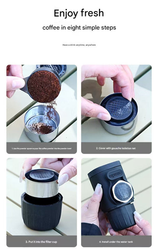 Black Portable Hand Press Espresso Machine - Compatible with Espresso Capsules and Ground Coffee for Home, Travel, and Outdoor Use