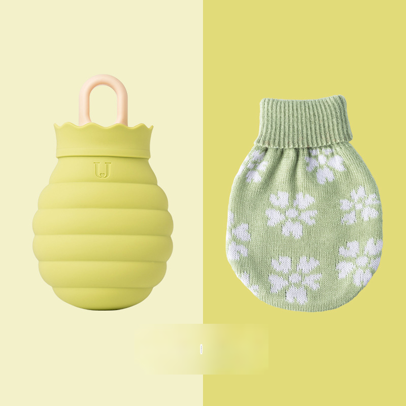 Green Microwaveable Silicone Hot Water Bottle - Honey Pot Design Hot & Cold Pack with Knitted Cover for Pain Relief & Comfort