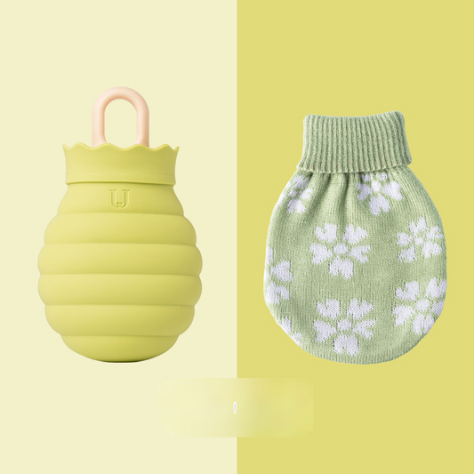 Green Microwaveable Silicone Hot Water Bottle - Honey Pot Design Hot & Cold Pack with Knitted Cover for Pain Relief & Comfort