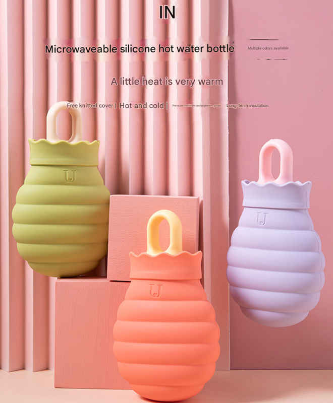 Green Microwaveable Silicone Hot Water Bottle - Honey Pot Design Hot & Cold Pack with Knitted Cover for Pain Relief & Comfort
