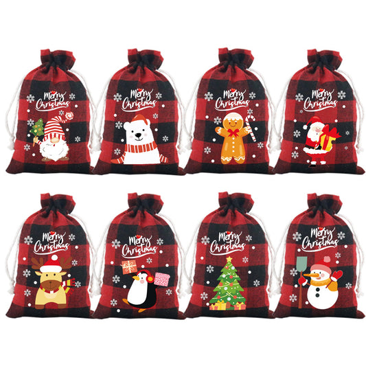 Red checkered Christmas Gift Drawstring Bags Set - Festive Burlap Style Pouches for Candy & Apples - Holiday Decoration - 10 Pcs