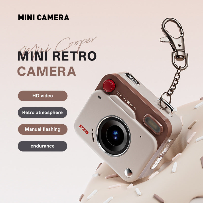 Khaki brown Retro Mini Digital Camera Keychain - 48MP Portable Pocket Camcorder with 1080p HD Video