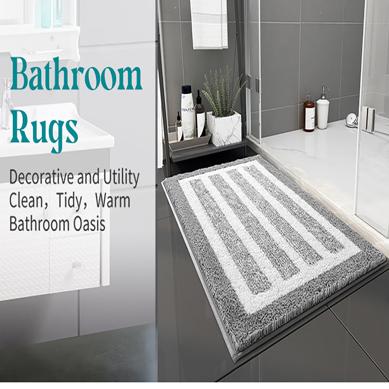 Grey Plush Striped Bath Mat - Ultra Soft, Absorbent & Non-Slip Bathroom Rug for Shower and Tub