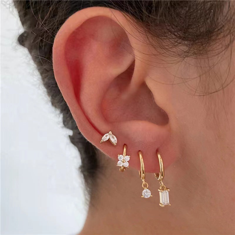 Four-piece set Gold Delicate CZ Earring Stacking Set - Huggie Hoops & Studs for Multiple Piercings
