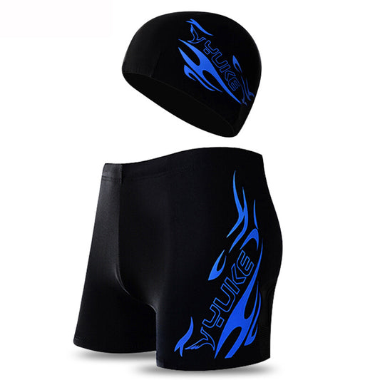 Blue Men's Athletic Swim Trunks and Cap Set with Dynamic Graphic Print(4XL)