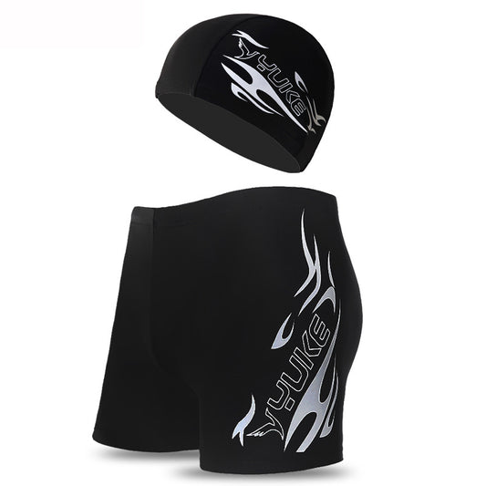 Silver Men's Athletic Swim Trunks and Cap Set with Dynamic Graphic Print(4XL)