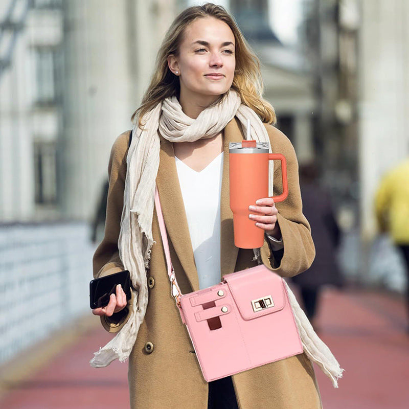 Chic PU Leather Crossbody Bag with Tumbler Holder - Multi-Compartment, Adjustable StrapChic PU Leather Crossbody Bag with Tumbler Holder - Multi-Compartment, Adjustable Strap,Does not include thermos cup(blue)