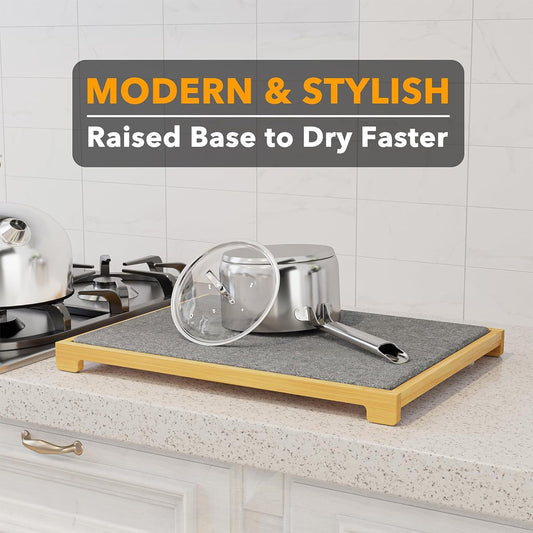 Instant Dry Stone Dish Drying Mat with Bamboo Rack - 2 Ways to Use, Quick Absorbent & Stylish(grey)