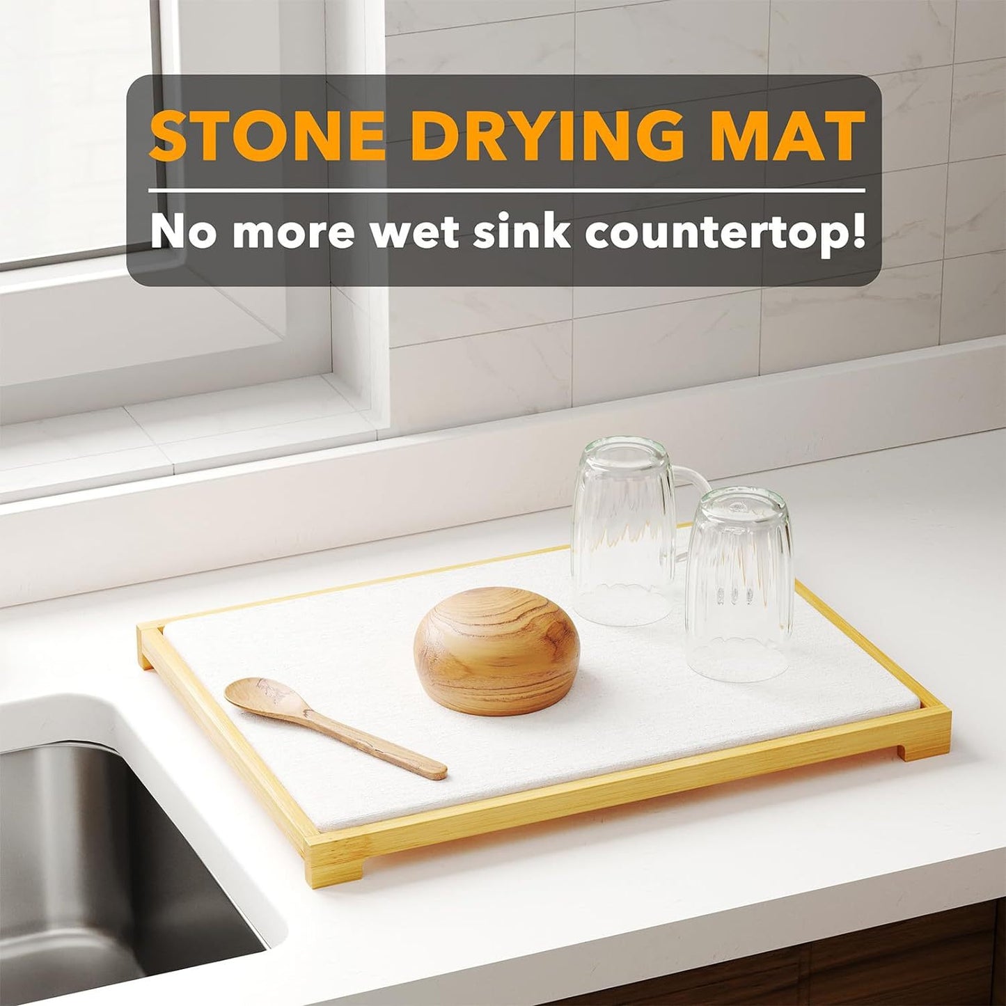 Instant Dry Stone Dish Drying Mat with Bamboo Rack - 2 Ways to Use, Quick Absorbent & Stylish(grey)