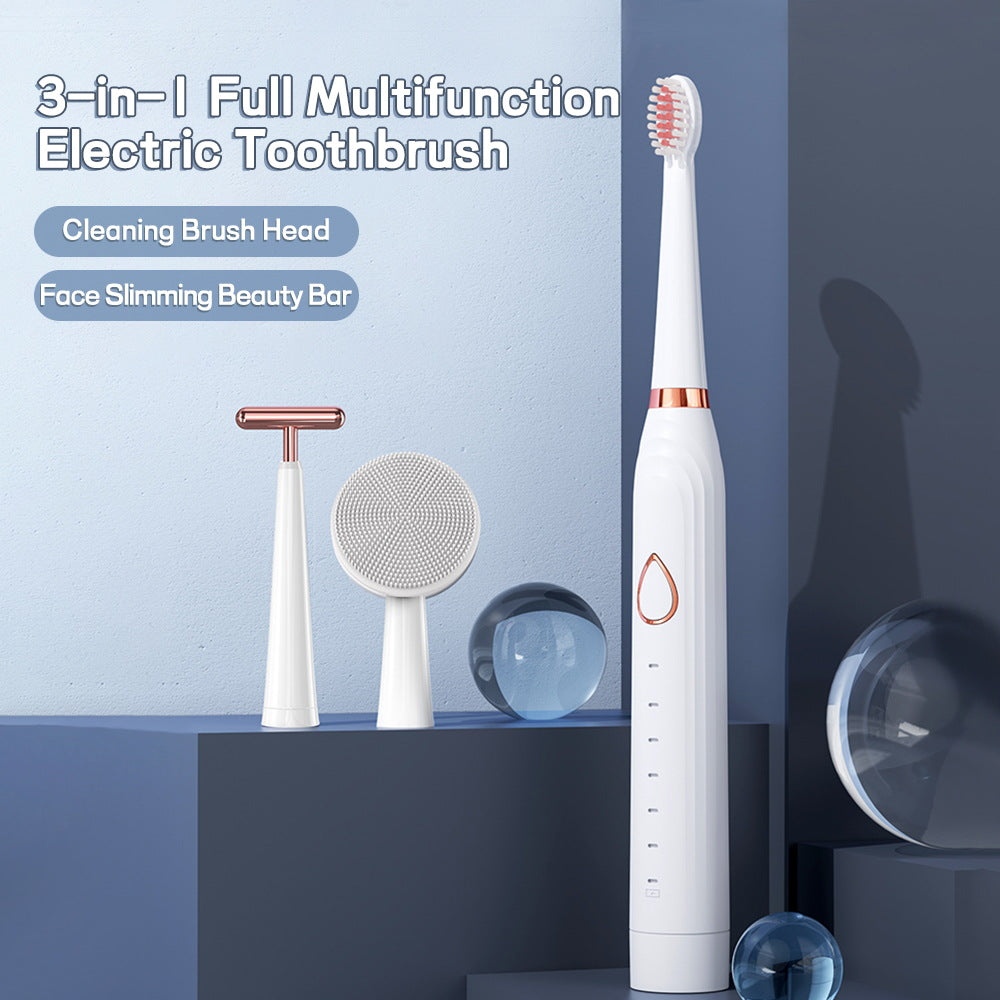 3-in-1 Full Multifunction Sonic Electric Toothbrush with Facial Brush & Massager Kit(White)