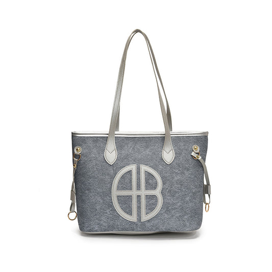 Stylish Large Capacity Tote Bag with PU Leather Trim & Logo Detail(Blue with Silver)