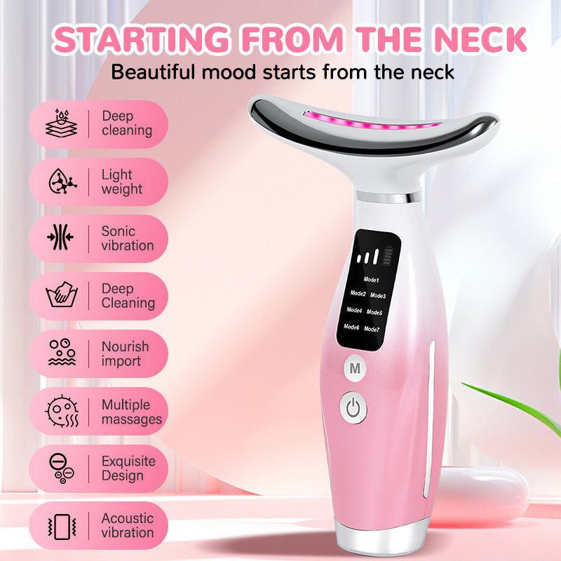 Advanced Multi-Function Skincare Device - 7 LED Lights, Microcurrent & Warming Massage for Face & Neck(pink)