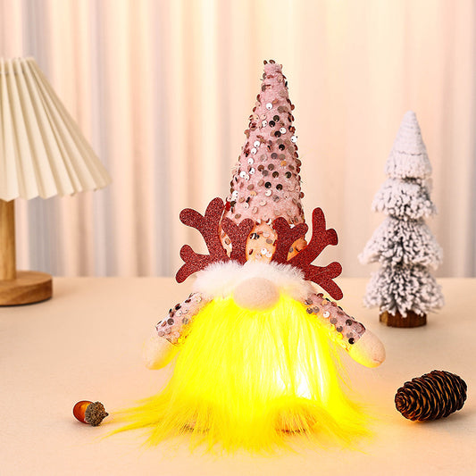 Light-Up Christmas Gnome Plush Doll with Sequin Hat & Antlers - Festive LED Tabletop Decoration(pink)