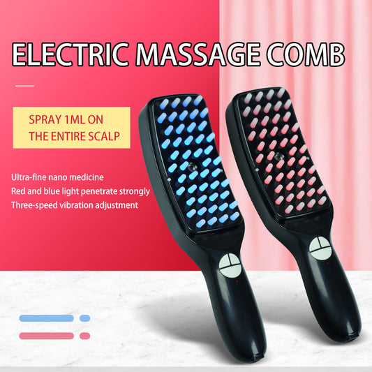 Black LED Therapy Scalp Massager Comb - Red & Blue Light Vibrating Brush with Nano Mist Sprayer for Hair Health