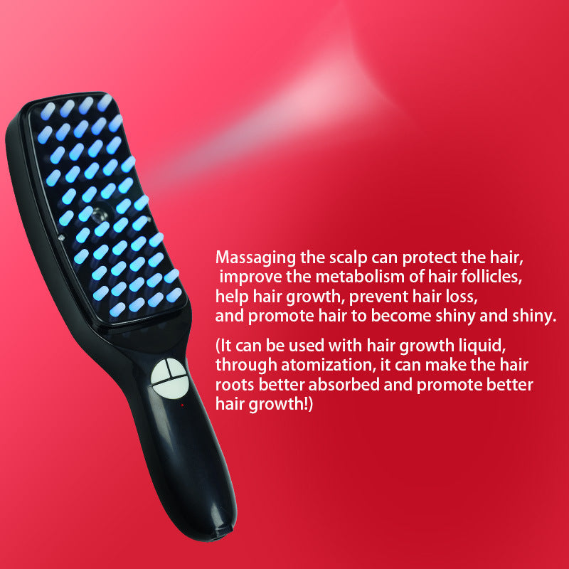 Black LED Therapy Scalp Massager Comb - Red & Blue Light Vibrating Brush with Nano Mist Sprayer for Hair Health