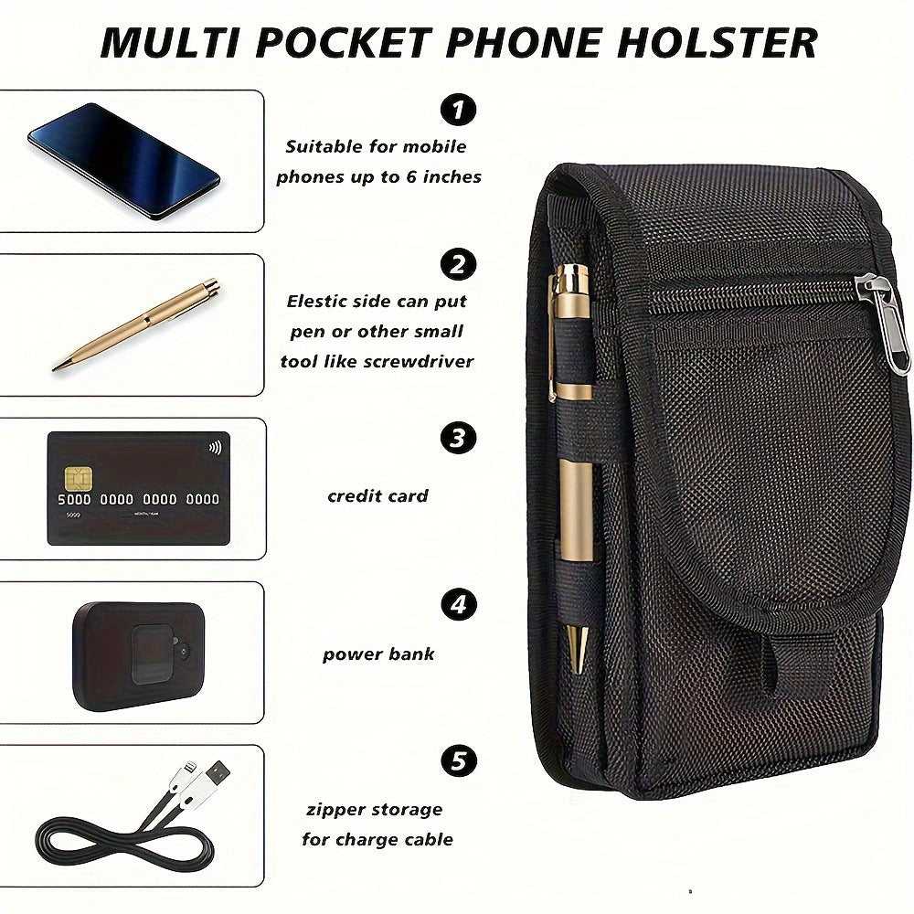 Black Heavy-Duty Tactical Phone Pouch - Multi-Pocket Belt Holster & Utility Waist Bag for Outdoor Work and EDC