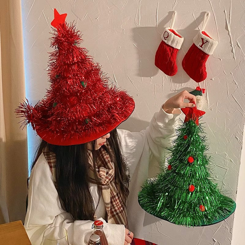 Silver Sparkly Tinsel Christmas Tree Hat - Festive Holiday Party Headwear for Adults & Kids