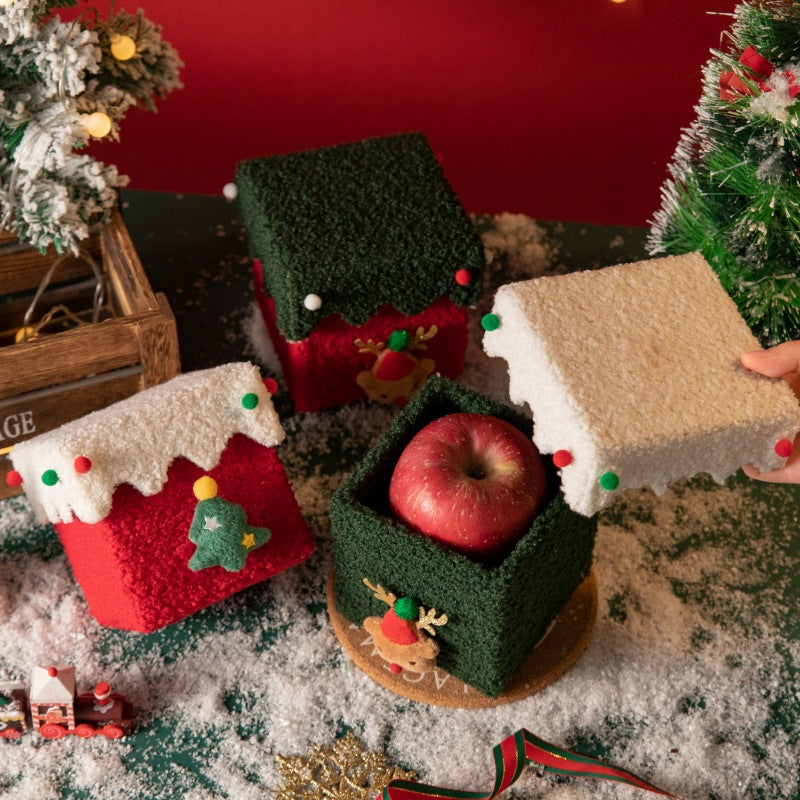 Red and Green Luxe Plush Christmas Gift Box - Decorative Holiday Treat Box with Snowy Trim