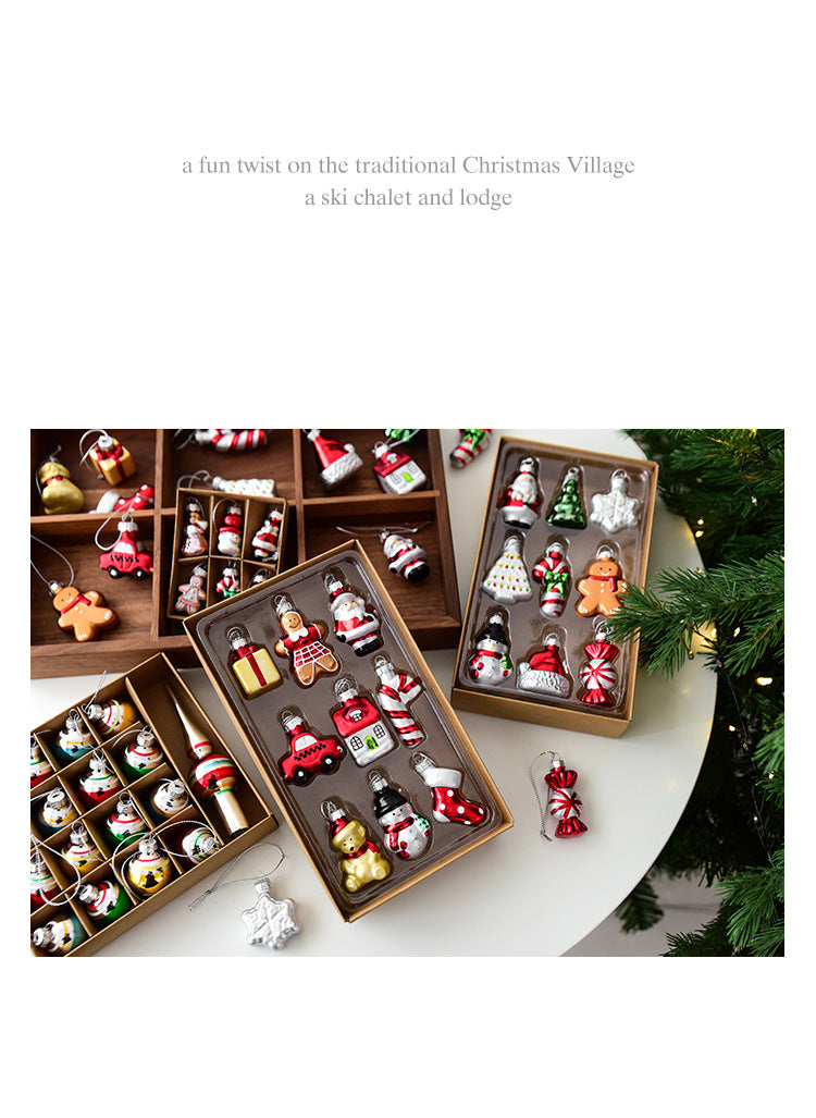 Style A Colorful Charming Miniature Glass Christmas Ornament Set - 9pc Classic Holiday Figures