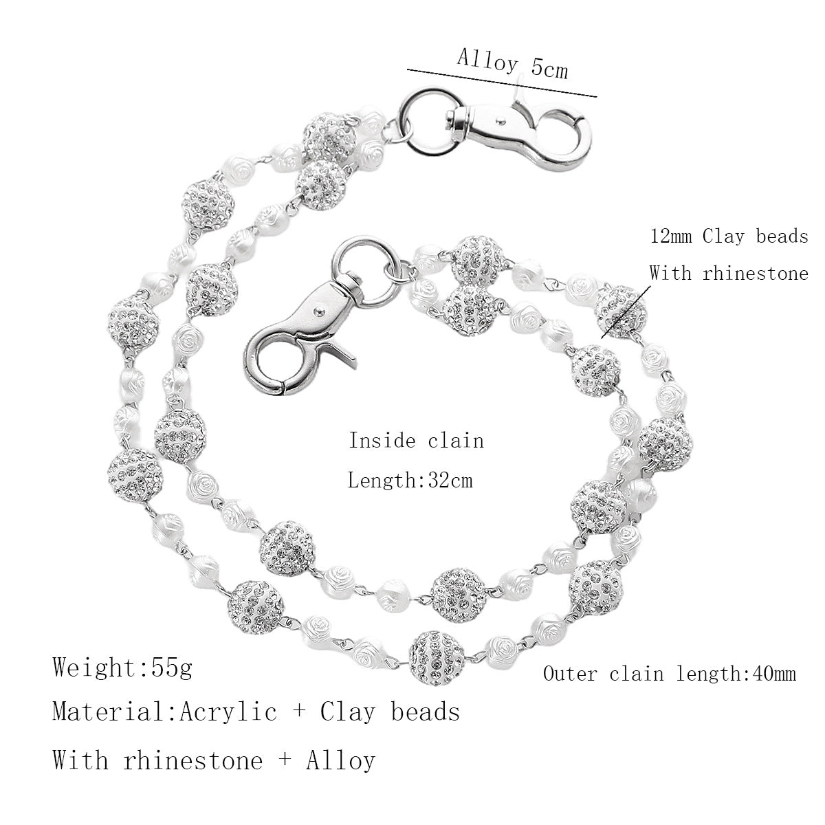 Silver and White Bling Rhinestone Beaded Wallet Chain - Double Layer Hip Hop Trouser Chain Jean Accessory(55g）