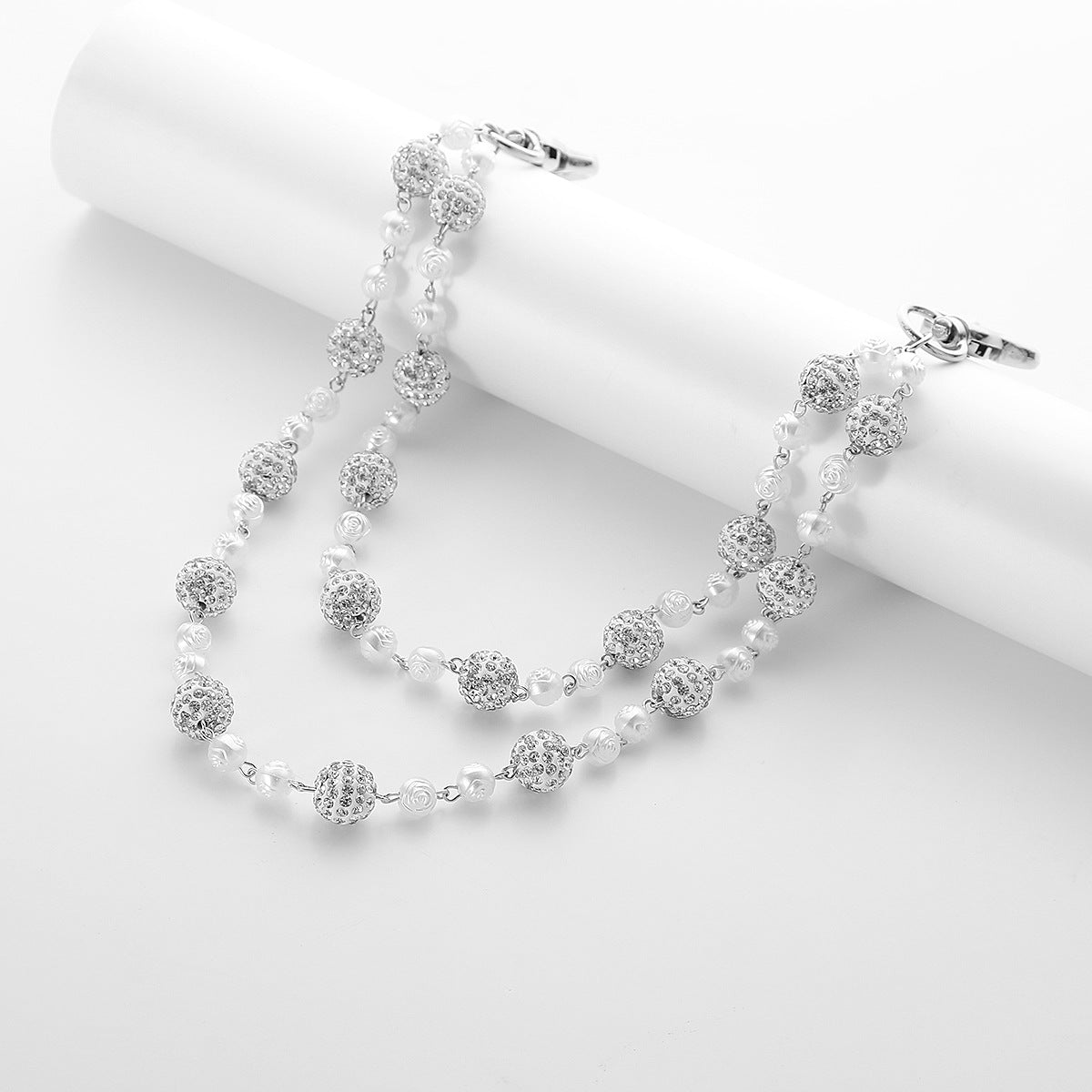 Silver and White Bling Rhinestone Beaded Wallet Chain - Double Layer Hip Hop Trouser Chain Jean Accessory(55g）