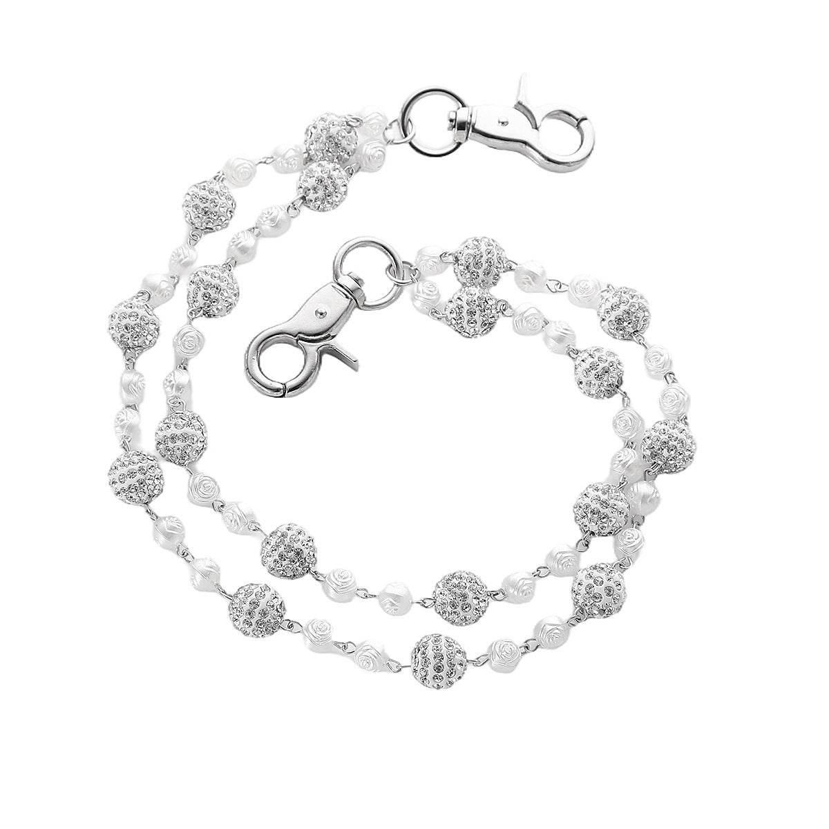 Silver and White Bling Rhinestone Beaded Wallet Chain - Double Layer Hip Hop Trouser Chain Jean Accessory(55g）