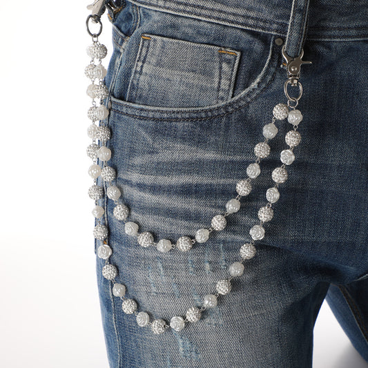 Silver and White Bling Rhinestone Beaded Wallet Chain - Double Layer Hip Hop Trouser Chain Jean Accessory(72g）