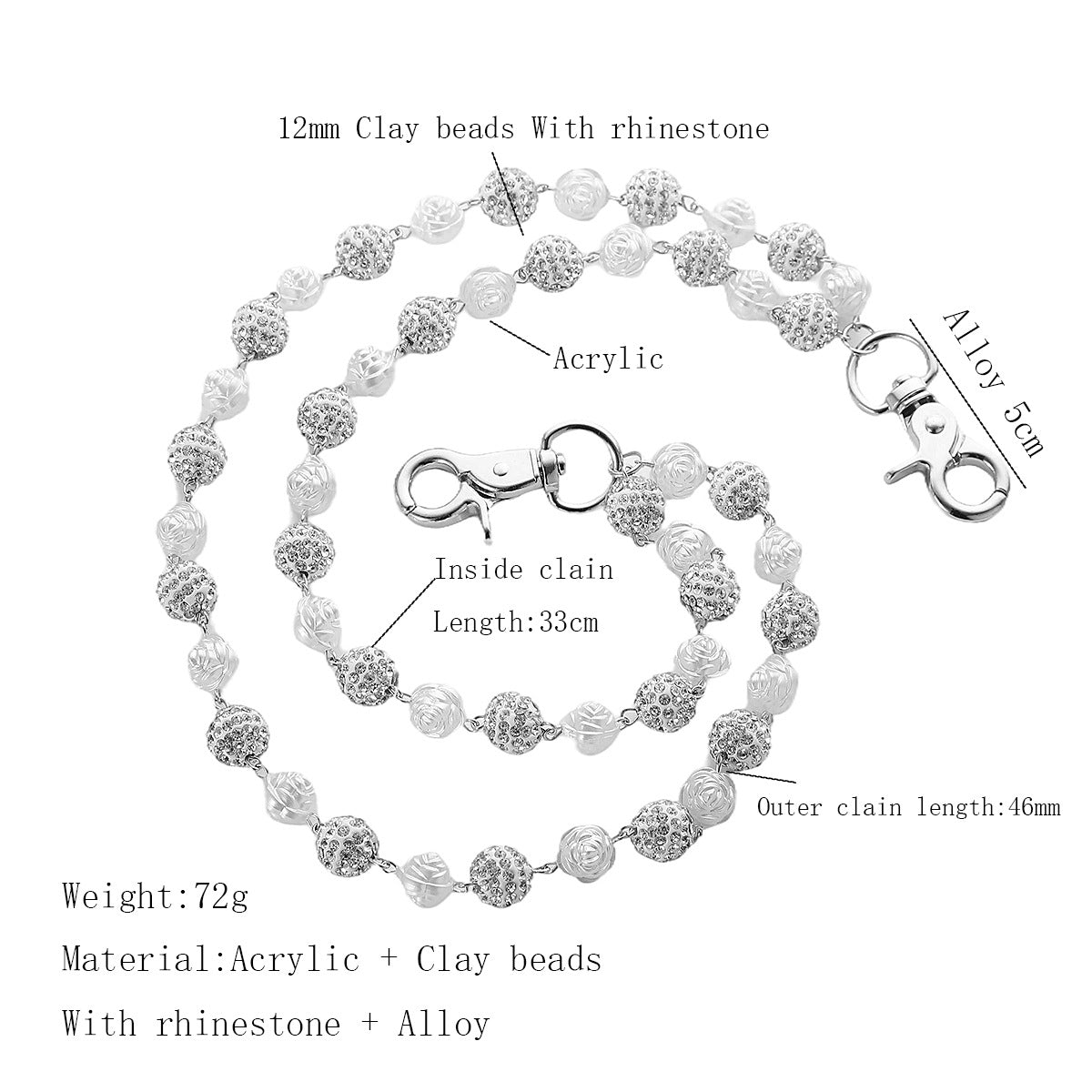 Silver and White Bling Rhinestone Beaded Wallet Chain - Double Layer Hip Hop Trouser Chain Jean Accessory(72g）