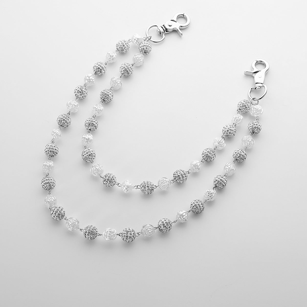 Silver and White Bling Rhinestone Beaded Wallet Chain - Double Layer Hip Hop Trouser Chain Jean Accessory(72g）