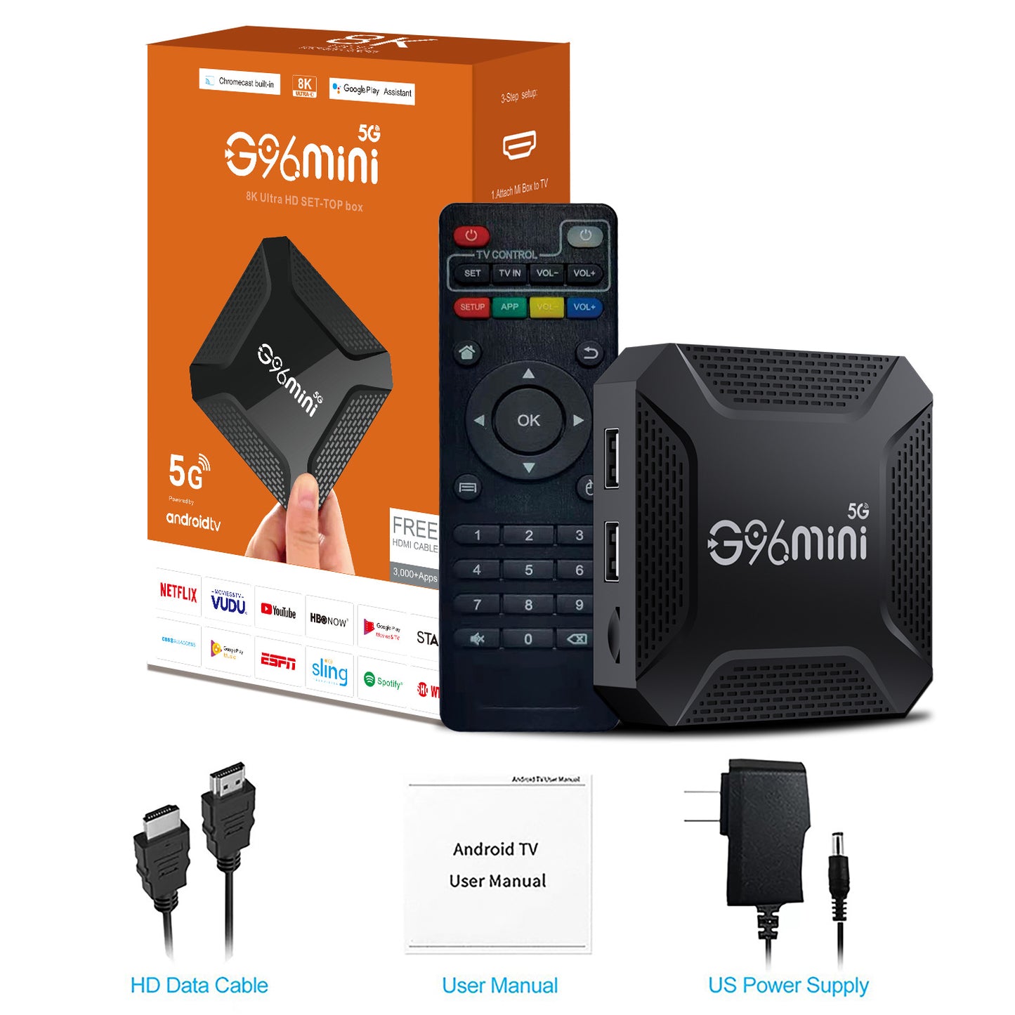 Black G96mini 8K Android TV Box 8G+128G — 5G Dual WiFi Smart Media Player with Voice Remote and HDMI Cable, Australian Plug