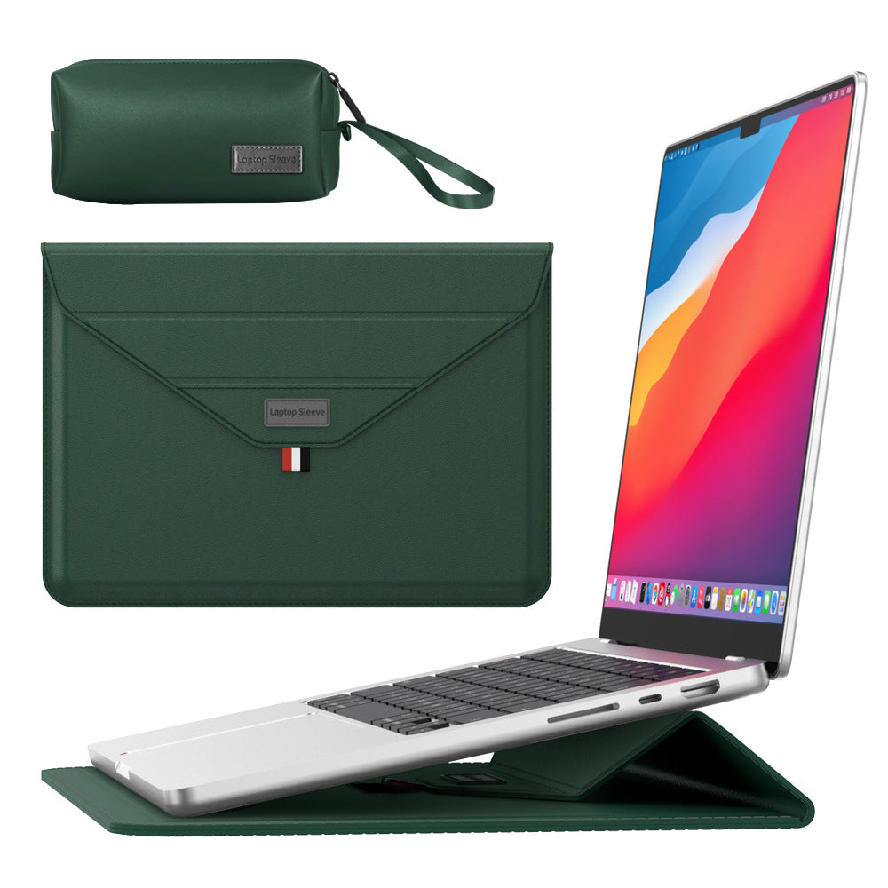 3-in-1 PU Leather Laptop Sleeve with Stand & Mouse Pad + Accessory Pouch(Dark Green)
