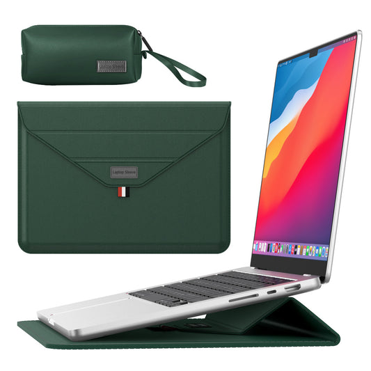 3-in-1 PU Leather Laptop Sleeve with Stand & Mouse Pad + Accessory Pouch(Dark Green)