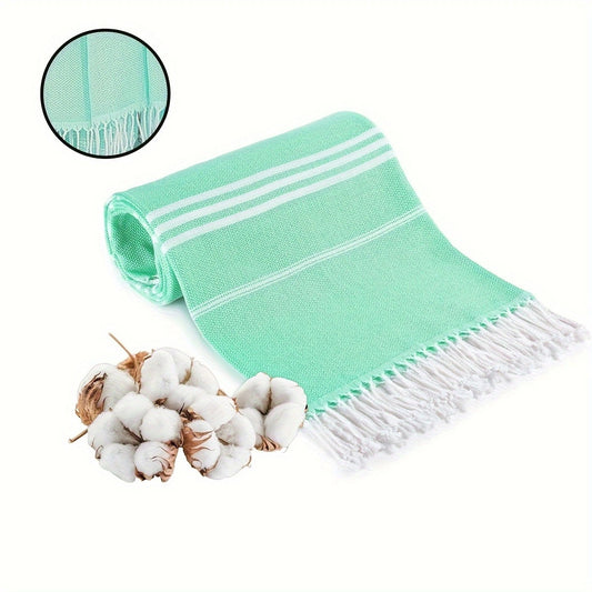 Green Chic Striped 100% Cotton Beach Towel with Tassels - Extra Large & Absorbent (180x90cm)
