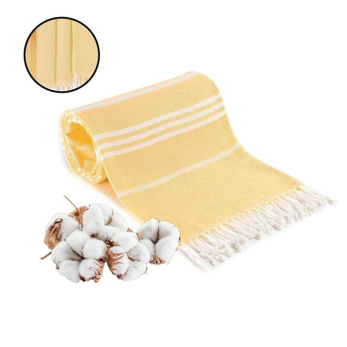 Yellow Chic Striped 100% Cotton Beach Towel with Tassels - Extra Large & Absorbent (180x90cm)