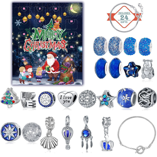Christmas Advent Calendar DIY Charm Bracelet Kit - 24 Days of Surprise Jewelry (Blue Starry Night Theme)