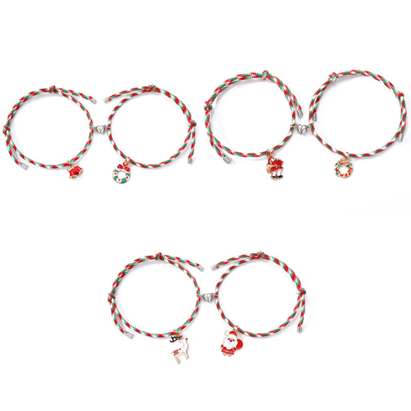 3 Pairs Cute Couple Bracelets - Magnetic Christmas & New Year Friendship Rope Bracelets with Charms (Adjustable, 9.3g)