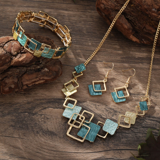 Geometric Inlay Earrings Necklace Bracelet Jewelry Set × 2 – Peacock Green & Brown