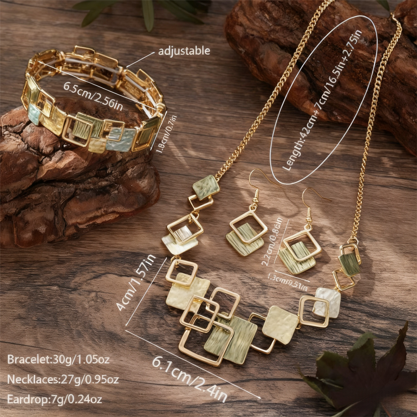 Geometric Inlay Earrings Necklace Bracelet Jewelry Set × 2 – Peacock Green & Brown