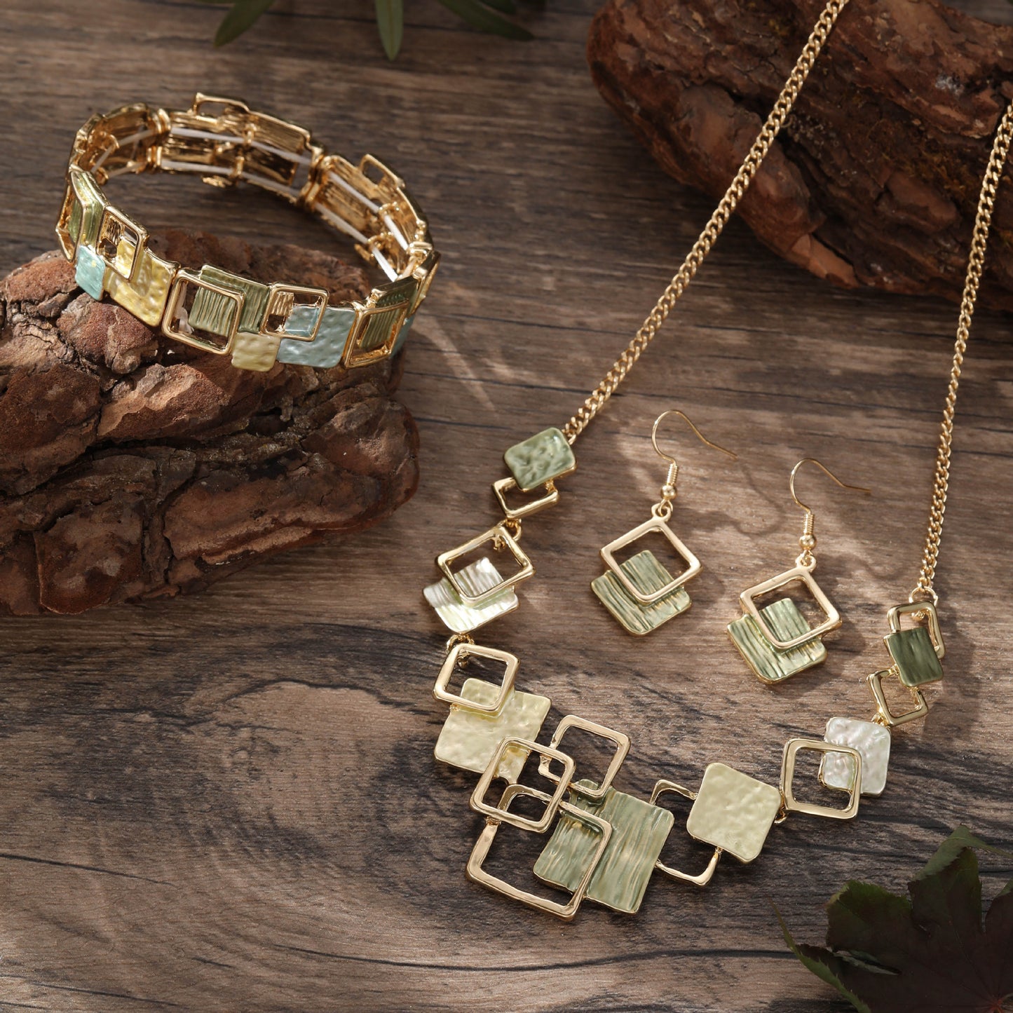 Geometric Inlay Earrings Necklace Bracelet Jewelry Set × 2 – Light Green & Pink
