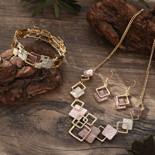 Geometric Inlay Earrings Necklace Bracelet Jewelry Set × 2 – Brown & Pink