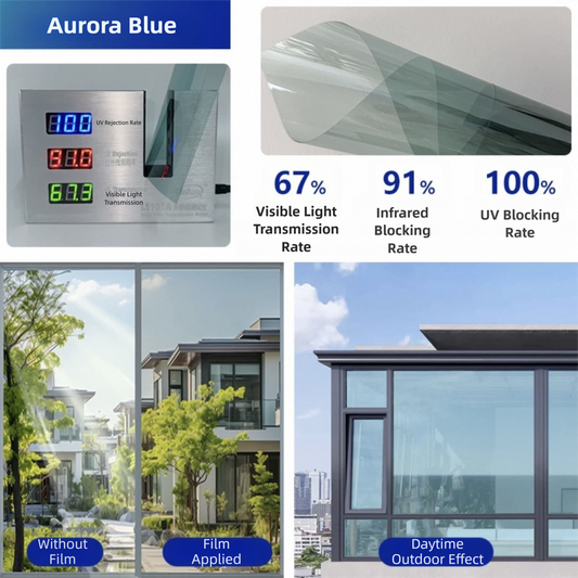 Premium 6-Layer Aurora Blue Window Film for Home/Office – Reflective One-Way Privacy, 50cm x 2m One Roll, UPF 50+ UV Block,With Full Install Tools