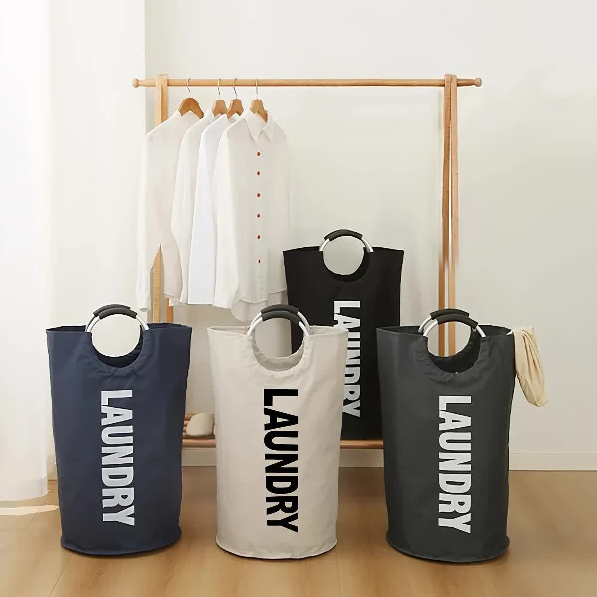 Dark Grey Oxford Fabric Large-capacity Foldable Dirty Clothes Basket (38×72CM) - With Waterproof Coating & Aluminum Carry Handles For Laundry Room Dorm