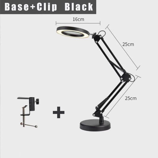2-in-1 Black LED Magnifier Desk Lamp With Base and Clip - Hands-Free, Dimmable 3-Color Light for Crafts & Workbench