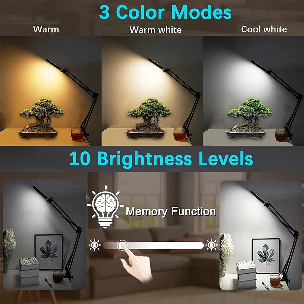 2-in-1 White LED Magnifier Desk Lamp With Clip - Hands-Free, Dimmable 3-Color Light for Crafts & Workbench