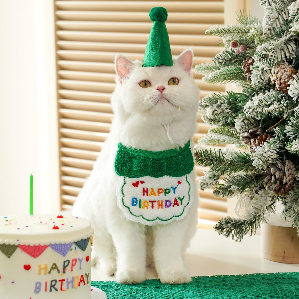4-Pack Adorable Pet Dog Cat Birthday Party Hat & Bib Set(Green & Red) - Embroidered Bandana Bib & Felt Party Hat, Adjustable Tie-On Dress-Up Accessories